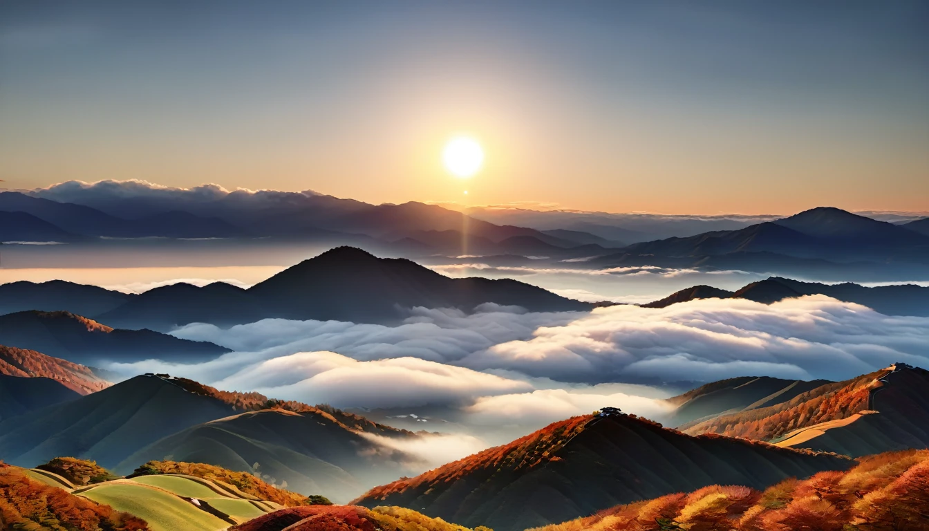 Japanese countryside, Valley, autumn, sunny, sea of clouds, morning, (Highest quality,4K,8k,High resolution,masterpiece:1.2),Very detailed,(Realistic,photoRealistic,photo-Realistic:1.37),High resolution,超High resolution,Studio Lighting,Vibrant colors,Professional