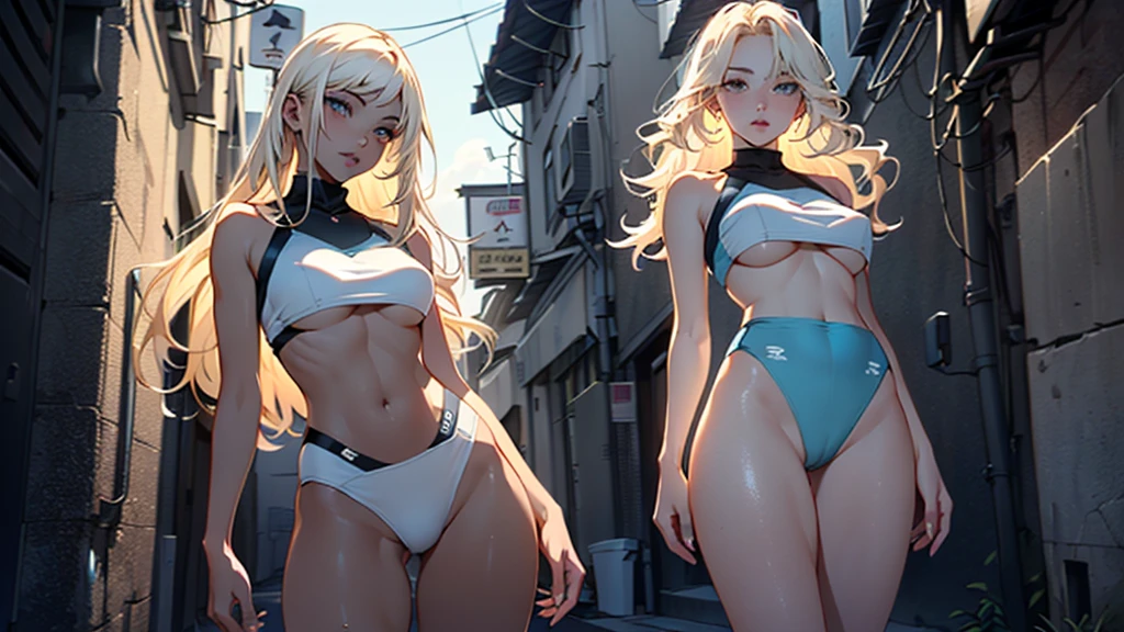 sports girls,((((1 girl, 1 girl)))), adorable and beautiful blonde hair walking seductively down the street)), 1 sporty Zwillinge girls,(2 girls:1.3), adorable and beautiful blonde hair walking seductively down the street)), (big boobs:1.4),sagging breasts,(((very light blonde hair:1.35,slick hair,Long hair:1.4,colored inner hair,Ohratmung))),((Heterochromie,Eye1 blue,eye2 green,perfect eyes,eyes directed upwards:1.3,Lovely, detailled eyes,finely detailed beautiful eyes:1,big highlight on the eyes:1.2)),((fat)),(((shiny skin:1.5,light skin: 1.5,Skin tanned,shiny skin,very shiny skin,shiny body,Plastic glitter skin,exaggerated shiny skin))),(Spider abdomen,Slender waist,wide hips,athletic body,pumped up legs,delicate, detailed fingers,detailed body,detailed arms,human hands,(detailed face)), adorable,slutty,seductive,erotic,(((Not suitable for work))), zettai ryouiki,provocative clothing,Show skin,((((underboob)))),((Sport tiny good magenta,Sport-Tanga,visible thong straps)),(wear a sports outfit:1.3,Sportswear,Half-naked,with little clothing,),(detailreiches Outfit,detailed clothing), (dynamic pose:1.0),ashamed,centered,Adjust to dimensions,Rule of thirds, outside,((Night vision)),(Cyberpunk-Nachtstraße-backdrop: 1.5,Dark sky,alleywayway, alleyway,thick clouds,detaillierter backdrop:1.25), (best quality),(High resolution),(keen focus),(extremely detail),(extremely detail),(Extremely high-quality works of art),8k_backdrop,(extremely detail CG 8k),(very nice 8K CG),((hyper super extremely detail perfect piece)),flawless,(((​masterpiece))),Illustration,bright colours,(complicated),high contrast,Selective lighting,Double jeopardy,HDR (High Dynamic Range),Post processing,Hin