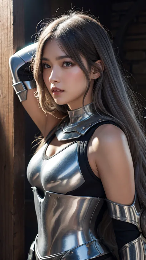 realistic, high resolution, 1 female, alone, hip up, displaying the viewer, (detailed face), gray hair, long hair, knight armor、...