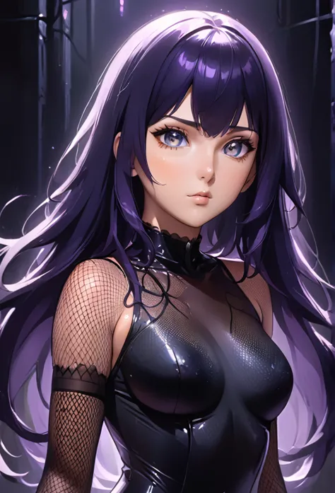 a woman (hyuuga hinata) with roxo hair and luminous eyes(empty eyes)  looks at the camera, 
fishnets,black bodysuit,fishnet body...