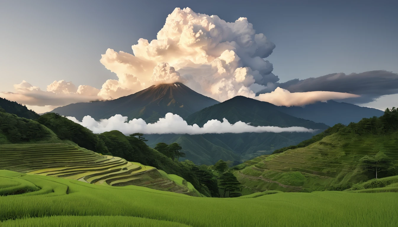 Japanese countryside scenery, Rice terraces, Azemichi, Midsummer, sunny, cumulonimbus, Daytime, (Highest quality,4K,8k,High resolution,masterpiece:1.2),Very detailed,(Realistic,photoRealistic,photo-Realistic:1.37),High resolution,超High resolution,Studio Lighting,Vibrant colors,Professional