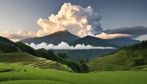 japanese countryside scenery, rice terraces, azemichi, midsummer, sunny, cumulonimbus, daytime, (highest quality,4k,8k,high reso...