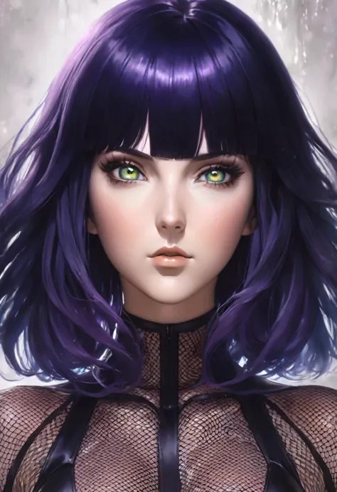 a woman (hyuuga hinata) with roxo hair and luminous eyes(empty eyes)  looks at the camera, 
fishnets,black bodysuit,fishnet body...