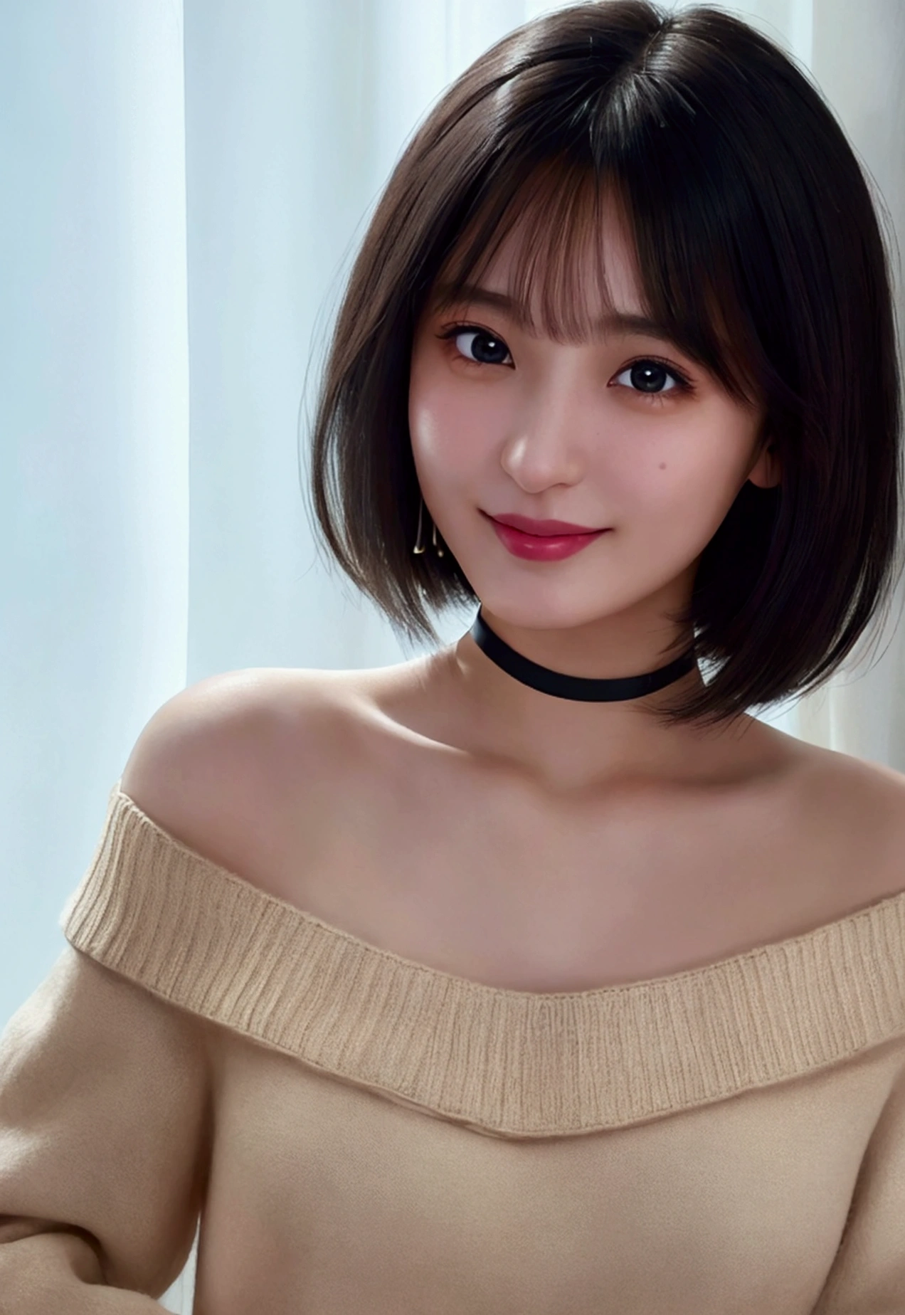 Highest quality, masterpiece, Ultra-high resolution, Realistic, 1 girl, Off the shoulder, knit, smile, smile, Slightly visible, Extra Large_sweater, Soft lighting, Detailed skin, bangs, Black Hair, Clear Eyes, Short Bob Hair, Transparency, Japan, Korean, Beautiful woman, Upward glance, Lip gloss, Black Thick Choker, Tears, Mole on chest, Eye highlights