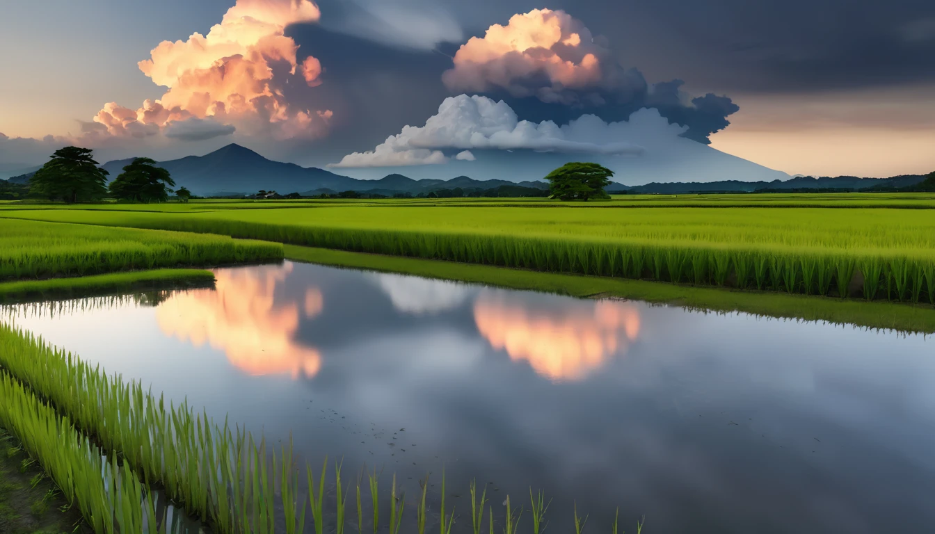 Japanese countryside scenery, Rice Field, Azemichi, Midsummer, sunny, cumulonimbus, evening, (Highest quality,4K,8k,High resolution,masterpiece:1.2),Very detailed,(Realistic,photoRealistic,photo-Realistic:1.37),High resolution,超High resolution,Studio Lighting,Vibrant colors,Professional