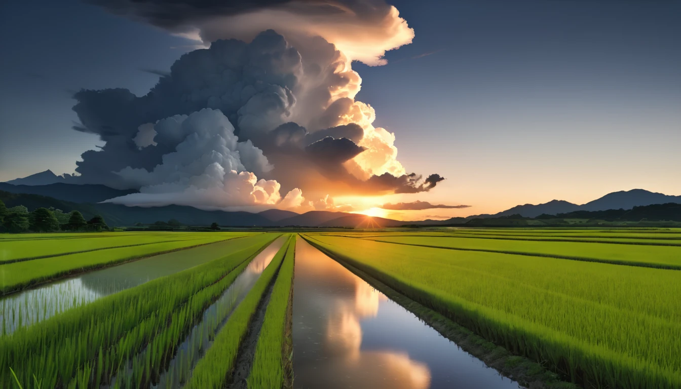 Japanese countryside scenery, Rice Field, Azemichi, Midsummer, sunny, cumulonimbus, evening, (Highest quality,4K,8k,High resolution,masterpiece:1.2),Very detailed,(Realistic,photoRealistic,photo-Realistic:1.37),High resolution,超High resolution,Studio Lighting,Vibrant colors,Professional