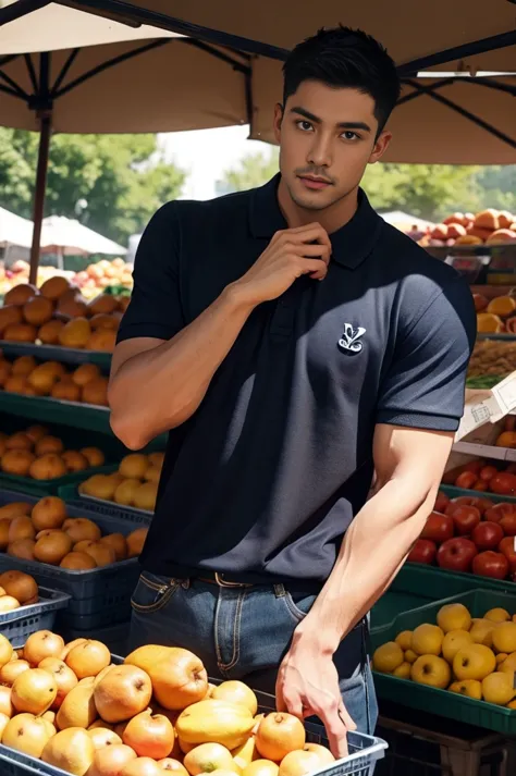 handsome young man, (have a mustache:1) ,(buzz cut:1.1), (short hair:1.2), the forearms are muscular., (polo shirt:1.5), (navy b...