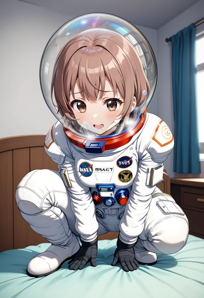 (spacesuit:1.15), white cargo pants, astronaut)bubble helmet, space helmet , indoors, in bed, bed, masterpiece, best quality, 1girl, spacesuit,cute, (Beautiful), anime style, dynamic angle, haracter focus, short hair, ((hyper cute face)), beautiful light brown hair, beautiful black eyes, ((beautiful eyes)), transformational、Line at the crotch、foot show、teasing、sole、open legs、When squatting、humiliation、Helmet bottom corner, eva helm, helmet space, short hair,, sparkling bubble helmet, shining, purple hair, pink hair, eva helm, spacesuit