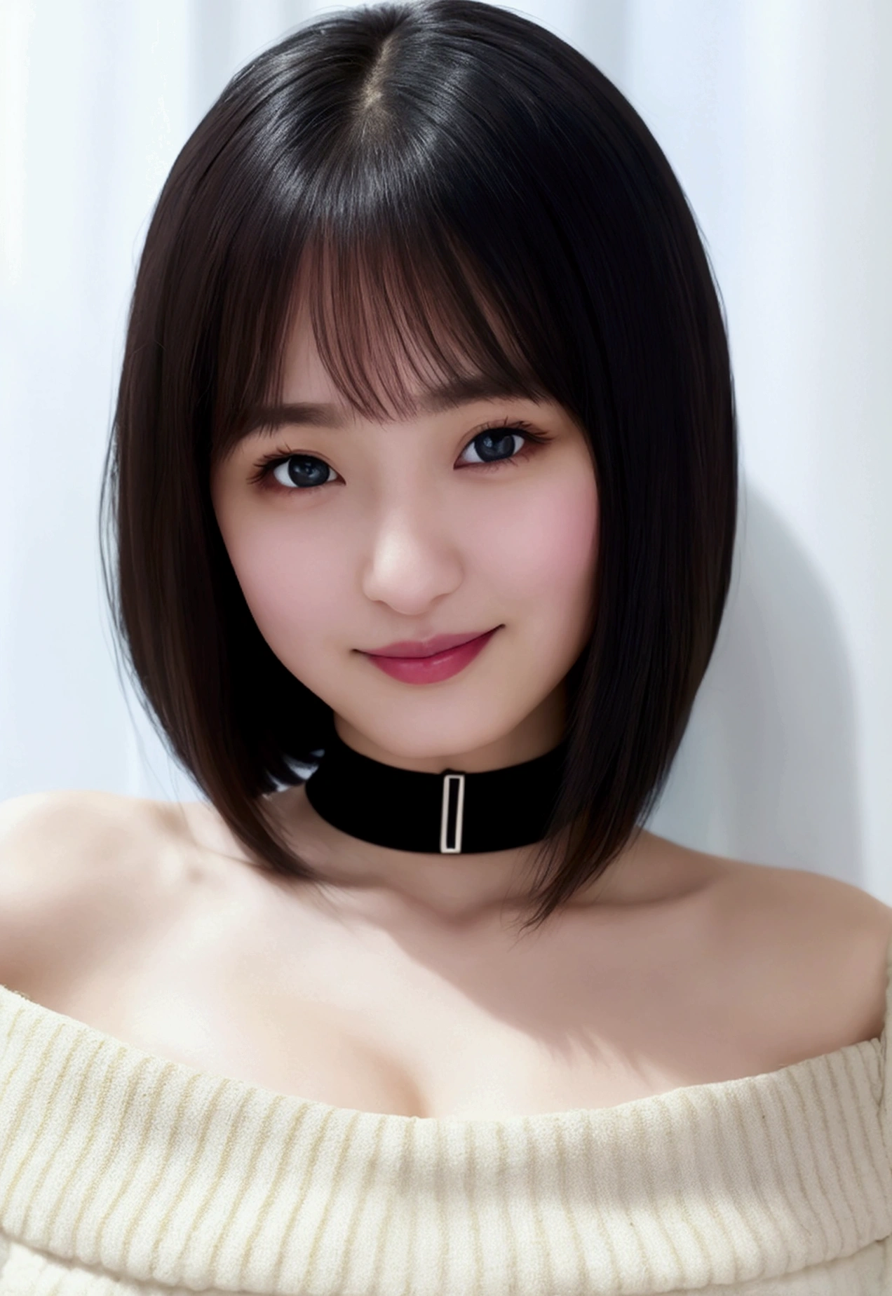 Highest quality, masterpiece, Ultra-high resolution, Realistic, 1 girl, Off the shoulder, knit, smile, smile, Slightly visible, Extra Large_sweater, Soft lighting, Detailed skin, bangs, Black Hair, Clear Eyes, Short Bob Hair, Transparency, Japan, Korean, Beautiful woman, Upward glance, Lip gloss, Black Thick Choker, Tears, Mole on chest, Eye highlights