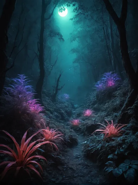 （best quality，8k，high resolution，masterpiece：1.2），super detailed，alien forest，harsh environment，(((night，恐怖的外星night，black light ...