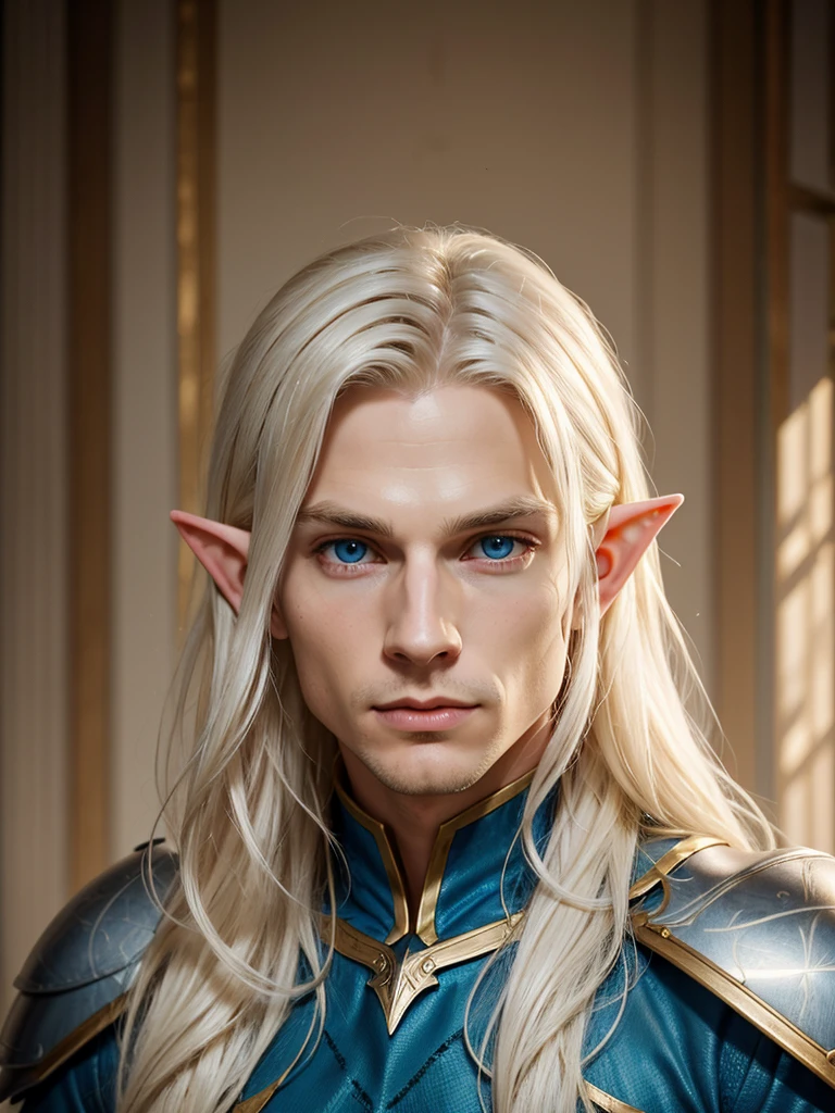 (best quality), 1boy, male, 34 years old, pale skin, platinum blonde hair, long hair, slightly wavy hair, blue eyes, strong jawline, high cheekbones, beautiful face, perfect eyes, elf, armor, prince, fantasy universe, handsome, sly, masterpiece, anatomically correct, highres
