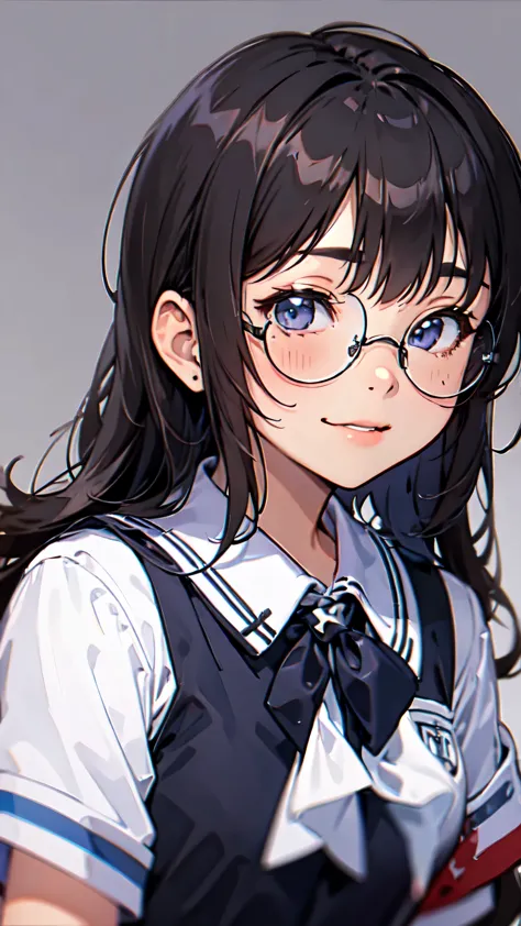 one girl、uniform、glasses、smile、blushing cheeks、highest quality、masterpiece、dynamic pose、dynamic facial expressions、sing out loud...