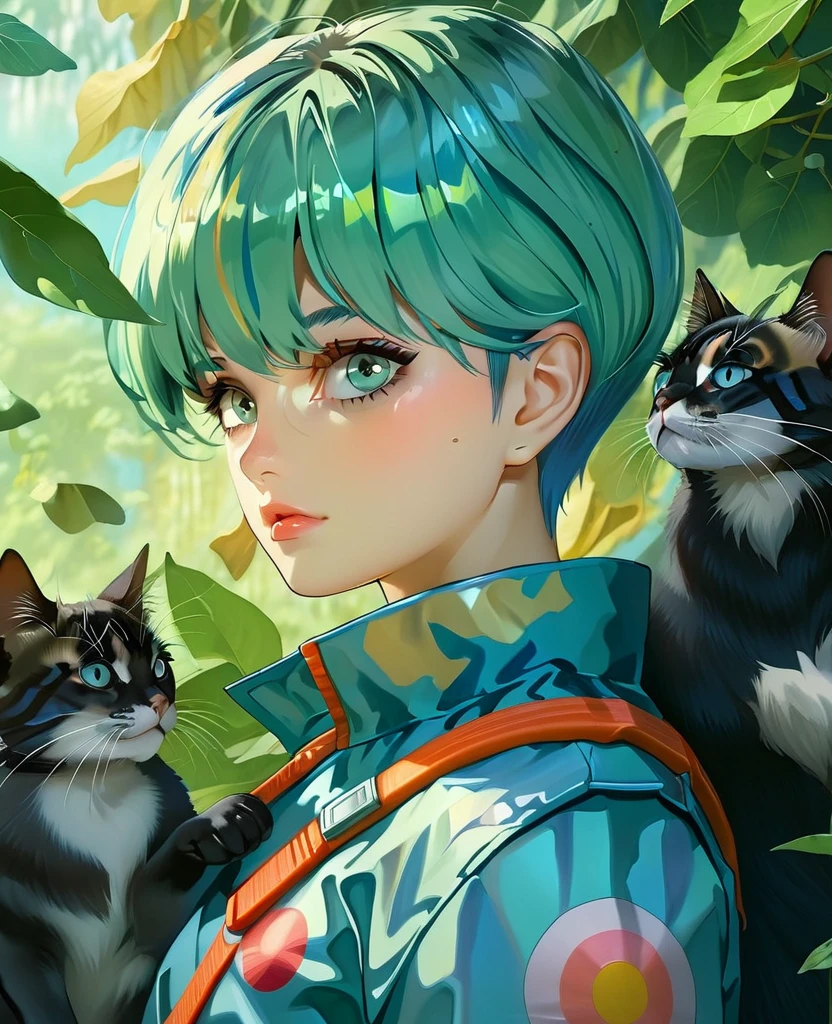 super sexyy decooti Ikki Bulma yuyu Hakusho wearing jacket blue blackluar com olhos Green refletor em um jardim espinhos intricate com um gato and hyperdetailed matte photography by Ismail Inceoglu Sakiyama James Gurney Victo Ngai Gregorio Catarino, M.W Kaluta and Hiroyuki-Mitsume Takahashi, album cover art, poster art, long exposure cel-shaded, a masterpiece Miki Asai Macro photography close-up hyper detailed trending on artstation sharp focus studio photo estilo halloween 