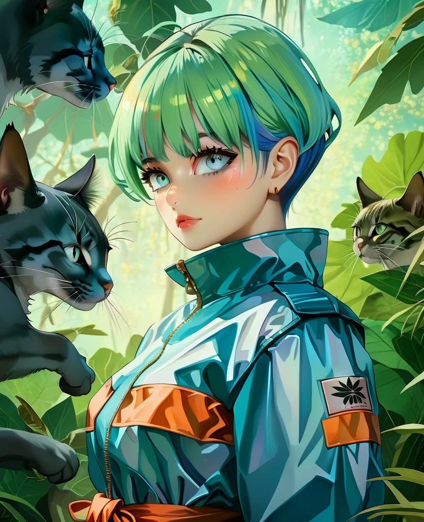 super sexyy decooti Ikki Bulma yuyu Hakusho wearing jacket blue blackluar com olhos Green refletor em um jardim espinhos intricate com um gato and hyperdetailed matte photography by Ismail Inceoglu Sakiyama James Gurney Victo Ngai Gregorio Catarino, M.W Kaluta and Hiroyuki-Mitsume Takahashi, album cover art, poster art, long exposure cel-shaded, a masterpiece Miki Asai Macro photography close-up hyper detailed trending on artstation sharp focus studio photo estilo halloween 