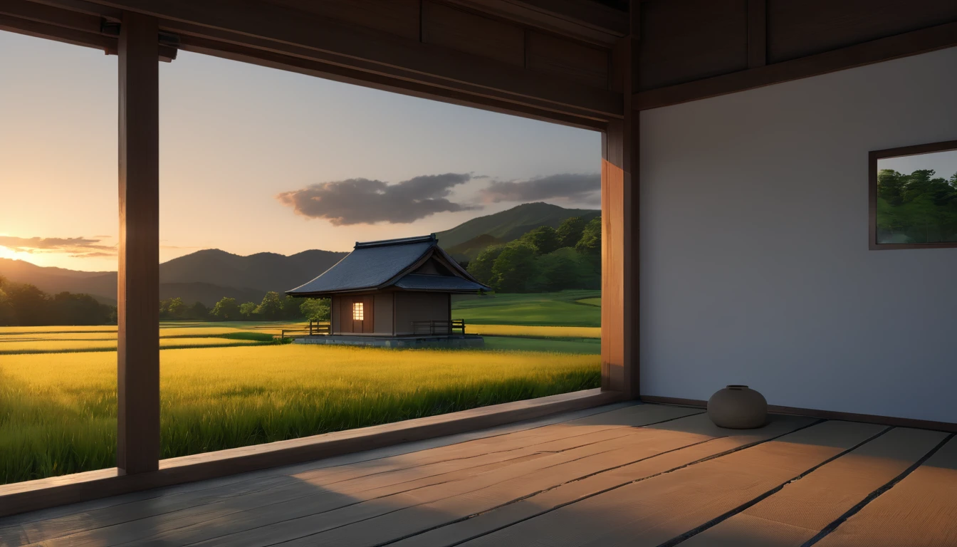 Japanese countryside scenery, field, Azemichi, Midsummer, sunny, Private house,evening, (Highest quality,4K,8k,High resolution,masterpiece:1.2),Very detailed,(Realistic,photoRealistic,photo-Realistic:1.37),High resolution,超High resolution,Studio Lighting,Vibrant colors,Professional