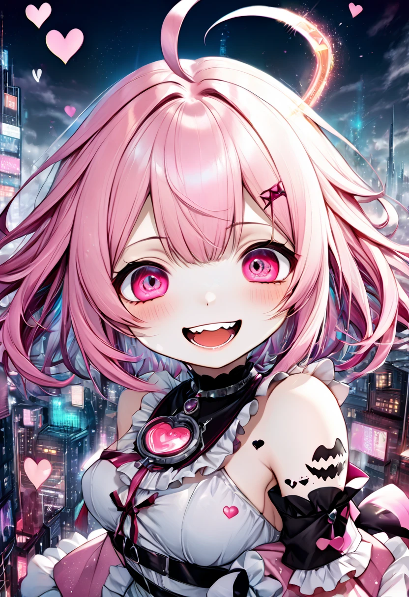 saying " happy ", floating cute magical girl, yandere, amorous and lewd face, crazy smile, scary smile, evil smile, teasing smile, grin, lewd smile, malicious smile, creepy smile, big droopy eyes, huge mouth, make-up, pink messy wavy short hair, ahoge, blunt bangs, covered in tattoos, great proportion, wearing pink and white frilly fluffy dress, heart-shaped magic stick, background pastel colors, kaleidoscope of cityscapes, analyzers, labs, with mix of stonepunk, firepunk, and waterpunk, shading effects, gradation magic effects, foggy filter effects, glitter effects, (ultra detailed, absolutely resolution, best quality:1.3), 2.5D, delicate and dynamic, artistic photography, hyper realistic, graphic CG digital manga-style art