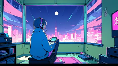 (from behind), anime girl sitting in front of a computer in a cozy bedroom, girl listening to music in a cozy room (night), use ...