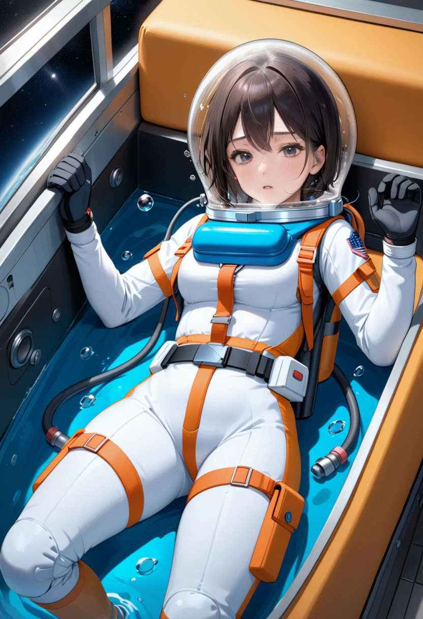 (spacesuit:1.15), white cargo pants, astronaut)bubble helmet, space helmet , indoors, in bed, bed, Girl, space helmet, short hair, bubble helmet, astronout, spacesuit, water in the helmet, drowning, water torture, Face covered in blue water