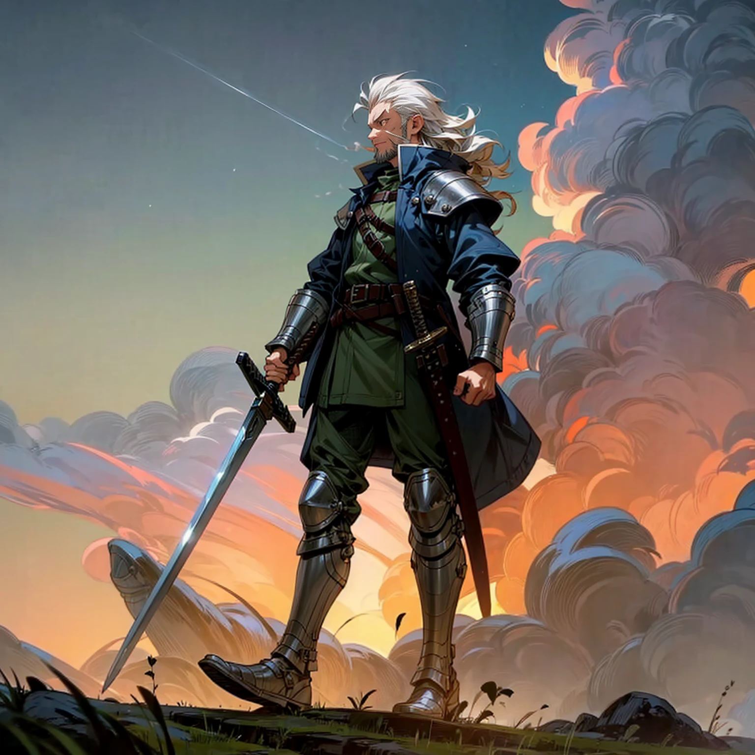 Solo character, old man, tall height, full body version, white eyes, white colour hair, very long curly haircut, chin beard, soldier clothing, heavy armored, belt, boots, outdoor, field, Greenland, medieval, evening, standing gesture, detailed clothing, detailed hair, detailed background, (Hunter x Hunter style art), sword in hand, glow effect on sword, thunder, lightning, glare, smoke,