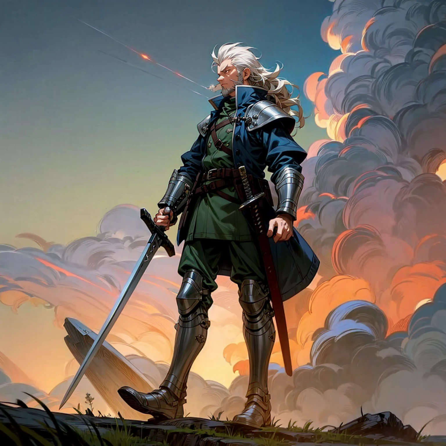 Solo character, old man, tall height, full body version, white eyes, white colour hair, very long curly haircut, chin beard, soldier clothing, heavy armored, belt, boots, outdoor, field, Greenland, medieval, evening, standing gesture, detailed clothing, detailed hair, detailed background, (Hunter x Hunter style art), sword in hand, glow effect on sword, thunder, lightning, glare, smoke,