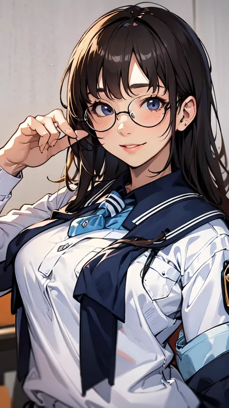 one girl、uniform、glasses、vulgar smile、blushing cheeks、highest quality、masterpiece、upper body、shooting with a wide-angle lens、sol...