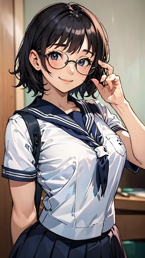 one girl、uniform、glasses、vulgar smile、short hair、black hair、blushing cheeks、highest quality、masterpiece、upper body、shooting with...