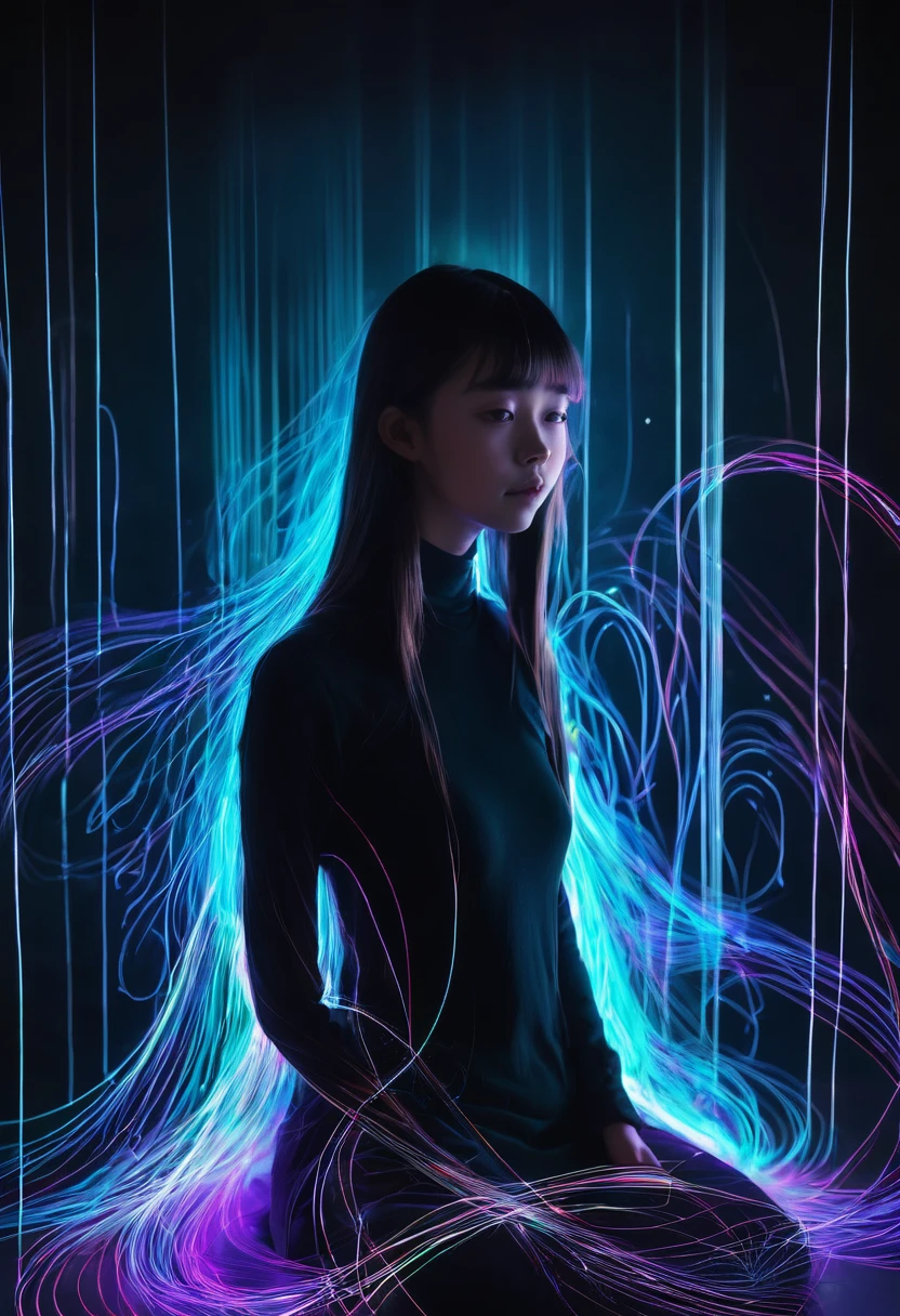 character concept design,1girl,half body,ojou-sama posture,incredibly long hair,light painting,time-lapse photography,Diffuse gradient,vertical random light line,colorful heart，A picture made of glowing lines