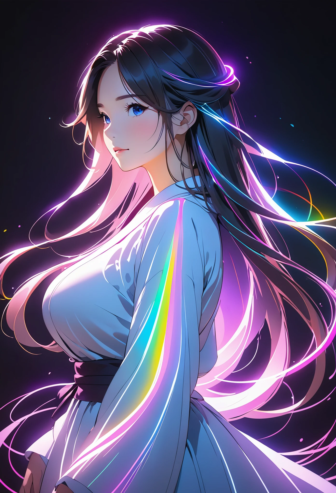 character concept design,1girl,half body,ojou-sama posture,incredibly long hair,light painting,time-lapse photography,Diffuse gradient,vertical random light line,colorful heart，A picture made of glowing lines，Big breasts