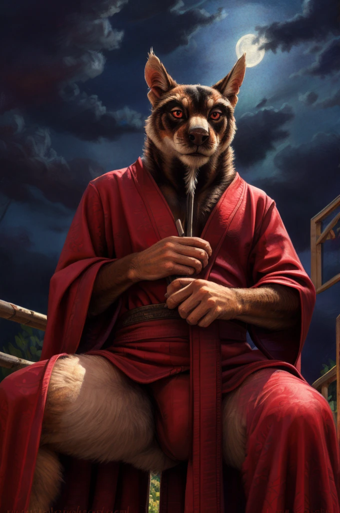 low angle view,
standing, evening, Moonlight, dress, kimono, red kimono, installation glue, Red eyes, goatee, brown body, White skin, black fur, sales, safe,
(master sliver:1.2), looking at the viewer, Front view, alone,  black briefs , massive lump,
BREAK,
by bruteandbrawn, by personal, by Kenket, (Intricate, High detail, film photography, soft focus, RAW candid cinema,
photorealism, realist, photorealist, analog style, Subsoil Dispersion,
masterpiece, Best Quality, ultra realista, 8k), squatting posture