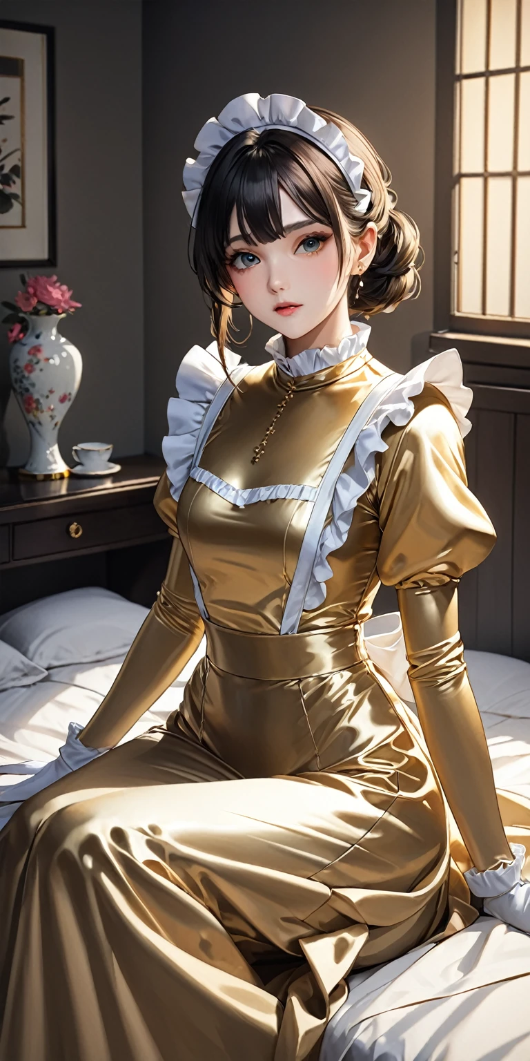 Portraiture、(masterpiece,Highest quality,Ultra-high resolution),Japanese women, (((Very beautiful 25 year old girl)))、(She is wearing a shiny pale gold satin long sleeve maid outfit..)、The dress has a simple design without any patterns...、(A long skirt with ruffles made of pale gold satin.)、Pale gold satin gloves、((Pale gold satin bodysuit))、Sitting on a bed in a dark room