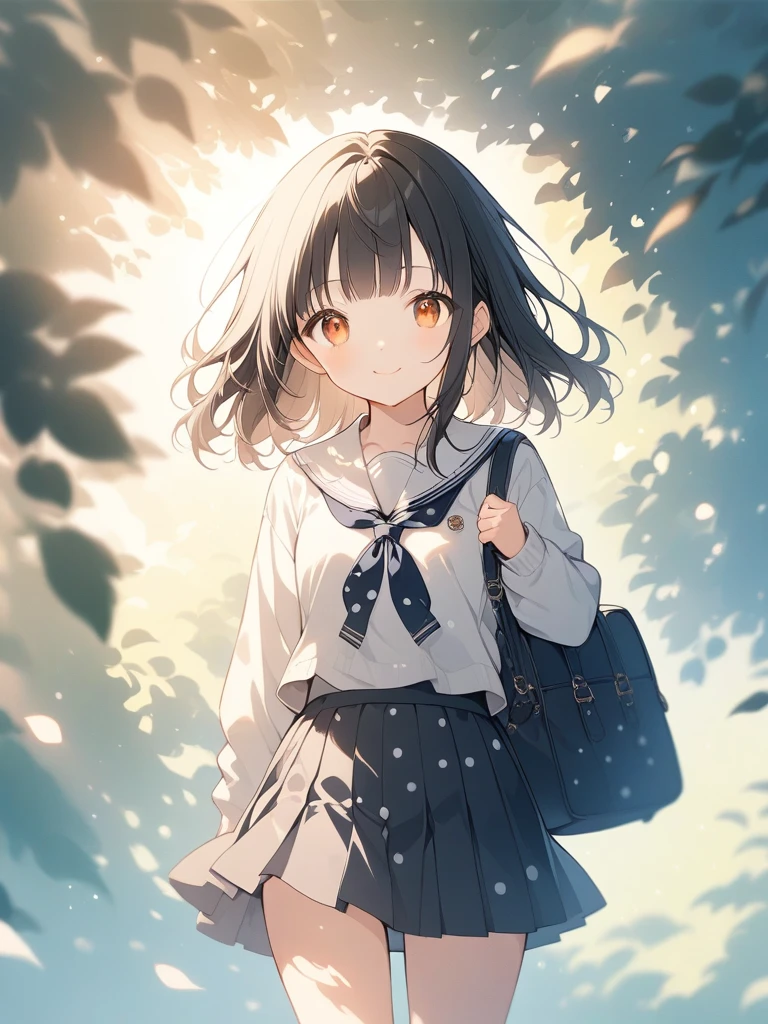 Anime Style, Super precise illustration, Very detailed, beautiful, 8k,1 cute girl,(cute:1.3),Black Hair,short straight bangs, smile,Orange eyes, stylish, Trendy clothes,(Spotted sunlight:1.2),Blurred,(Written boundary depth:1.1),Tilt your head,mini skirt,｛school uniform｝,(whole body:1.3),stand,