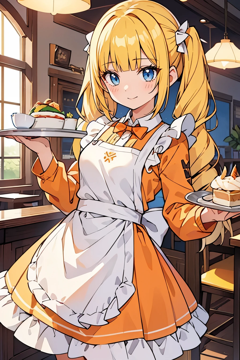 fairy_tail_style, solo, 1 girl, (young female body:1.4), (medium small breasts), golden light yellow hair, extra long wavy yellow hair, blunt bangs, crystal blue eyes, very detailed eyes, cowboy shot, detailed eyes, waitress at a restaurant, food tray, white apron, big bow, poofy orange dress under apron, sunny orange dress with a white apron, wavy long pigtails, sunny orange under dress, orange long sleeve dress, white short apron,