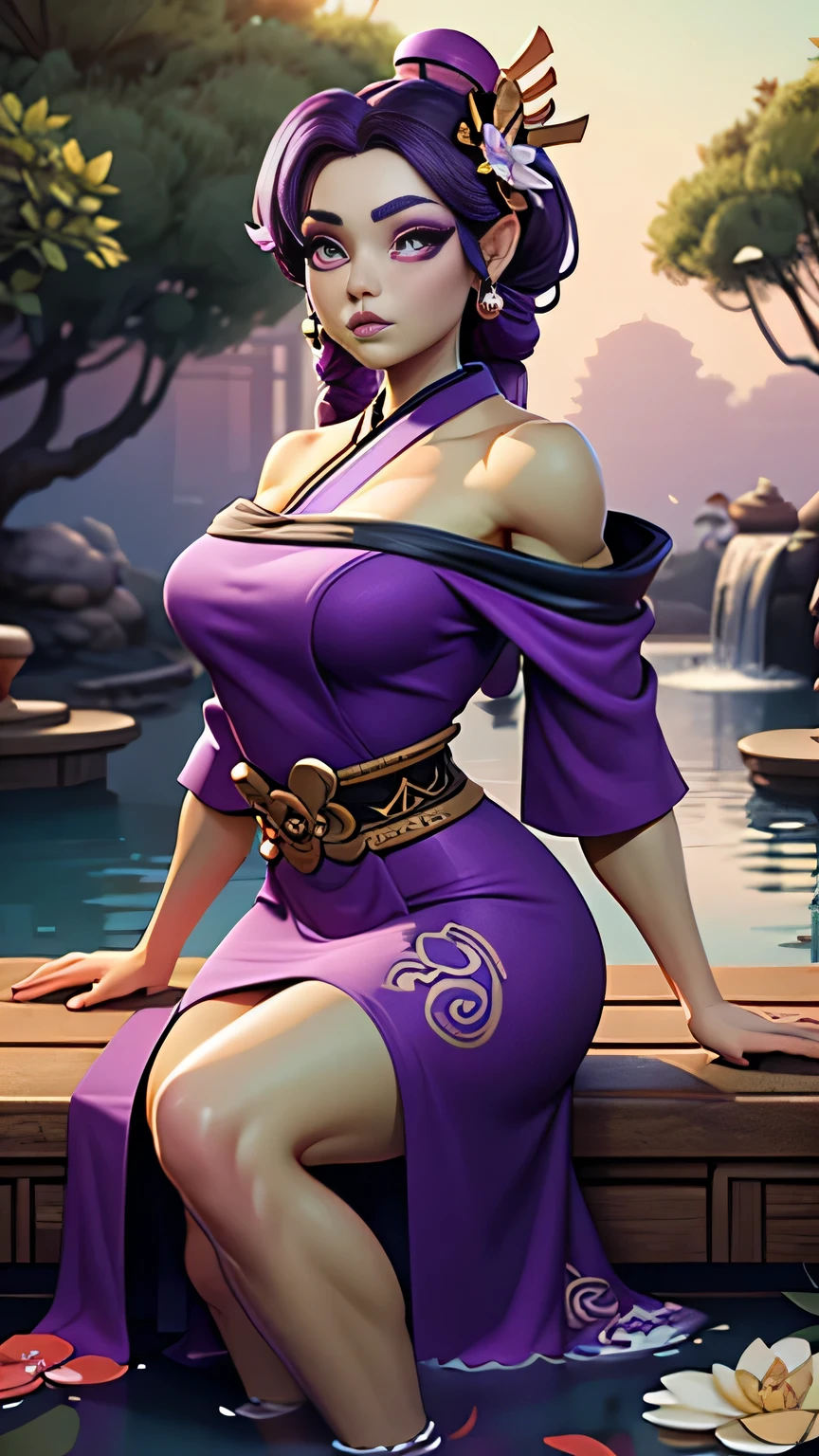 photo of beautiful Orc, RAW, beautiful woman, (portrait), (detailed Kawaii face, purple eyes:1.2),  (detailed green skin, glossy green lips, clear green skin), (Long dark purple braided hair), (perfect proportioned body, Strong, muscular, narrow waist, narrow hips, skinny, large breasts), (sitting in a chinese garden, koi pond, wearing a intricate falling off the shoulder geisha dress, full length geisha dress), (realistic photo, best quality, detailed), (8k wallpaper), (cinematic lighting, beautiful light, (day:1.3)) (sharp focus, intricate)