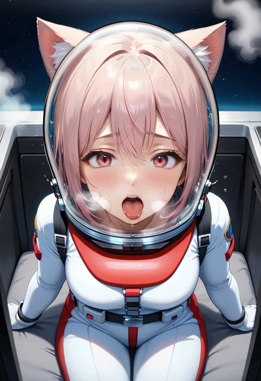 (spacesuit:1.15), white cargo pants, astronaut)bubble helmet, space helmet , , looking at the audience, lying , indoors, in bed, bed, masterpiece, best quality, 1girl, solo, red eyes, tits, , , , short hair, from above,cum on face, rolling eyes,saliva, drooling, sweat, trembling, HARD TO BREATH,, (fog:1.7),water on the face, drowning, water torture, (heavy breathing:1.9), sweat,CAT EARS, space helmet