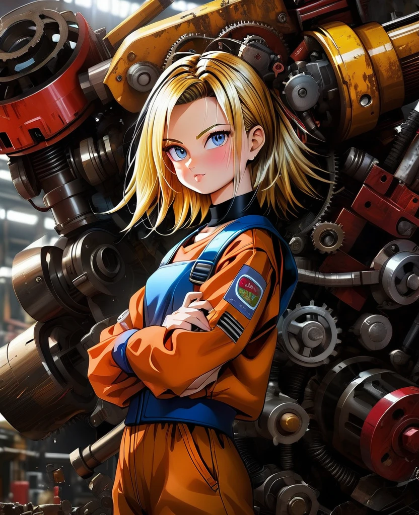 FULL HD FOTO REALISMO CINEMATIC GRAFICOS ULTRA REAISMO NOVA GERAÇÃO android 18 teen girl dbz with diamnte red oversized clothing, merging as a mechanic with robotic parts interspersed within his human form, dynamic pose wrench in hand, workshop background cluttered with machinery, oil stains, dimly lit with flickering fluorescent lights, high contrast shadows, vivid colors, intricate detailing of mechanical components, digital painting., Mysterious