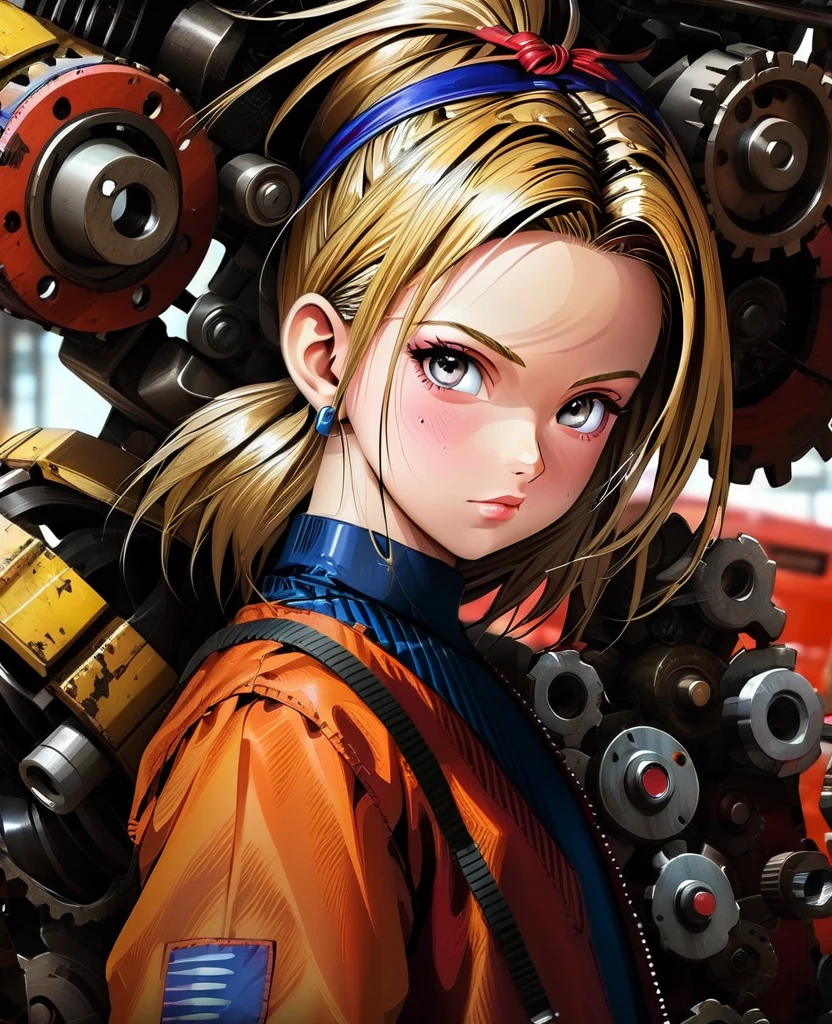 FULL HD FOTO REALISMO CINEMATIC GRAFICOS ULTRA REAISMO NOVA GERAÇÃO android 18 teen girl dbz with diamnte red oversized clothing, merging as a mechanic with robotic parts interspersed within his human form, dynamic pose wrench in hand, workshop background cluttered with machinery, oil stains, dimly lit with flickering fluorescent lights, high contrast shadows, vivid colors, intricate detailing of mechanical components, digital painting., Mysterious