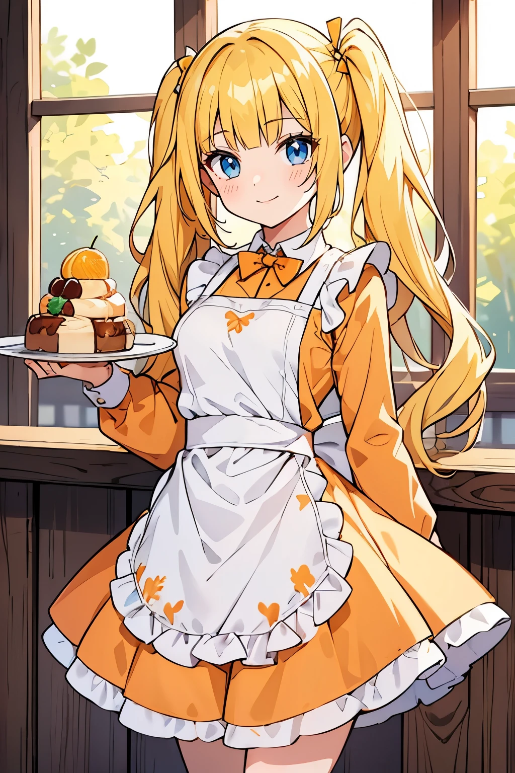 fairy_tail_style, solo, 1 girl, (young female body:1.4), (medium small breasts), golden light yellow hair, extra long wavy yellow hair, blunt bangs, crystal blue eyes, very detailed eyes, cowboy shot, detailed eyes, waitress at a restaurant, food tray, white apron, big bow, poofy orange dress under apron, sunny orange dress with a white apron, wavy long pigtails, sunny orange under dress, orange long sleeve dress, white short apron,