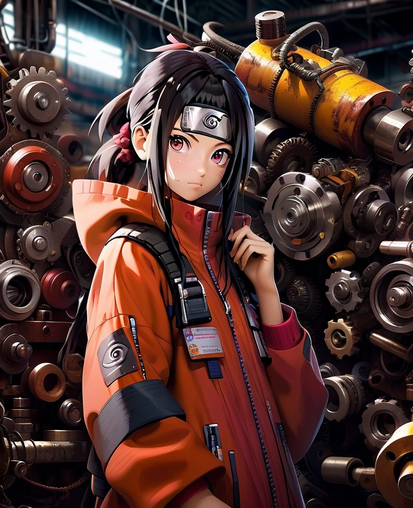 FULL HD FOTO REALISMO CINEMATIC GRAFICOS ULTRA REAISMO NOVA GERAÇÃO sarada teen girl Naruto with diamnte red oversized clothing, merging as a mechanic with robotic parts interspersed within his human form, dynamic pose wrench in hand, workshop background cluttered with machinery, oil stains, dimly lit with flickering fluorescent lights, high contrast shadows, vivid colors, intricate detailing of mechanical components, digital painting., Mysterious