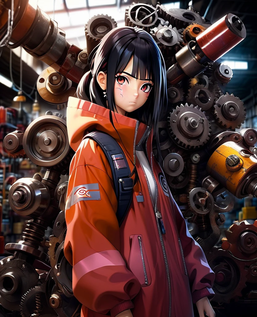 FULL HD FOTO REALISMO CINEMATIC GRAFICOS ULTRA REAISMO NOVA GERAÇÃO sarada teen girl Naruto with diamnte red oversized clothing, merging as a mechanic with robotic parts interspersed within his human form, dynamic pose wrench in hand, workshop background cluttered with machinery, oil stains, dimly lit with flickering fluorescent lights, high contrast shadows, vivid colors, intricate detailing of mechanical components, digital painting., Mysterious