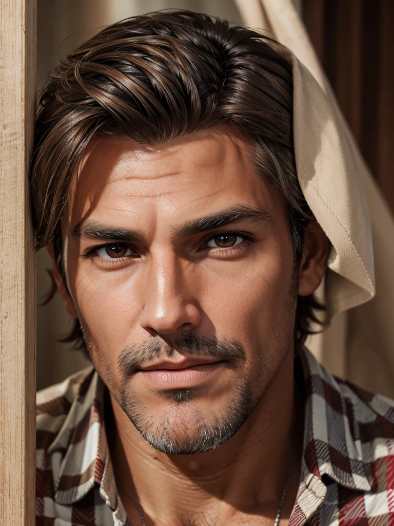 (best quality), 1boy, Male, mature, older, tanned skin, brown hair, silver streaks, short hair, curtain hair, brown eyes, McCree, stubble, strong jawline, broad, daddy, (plaid shirt), hairy, masterpiece, anatomically correct, highres
