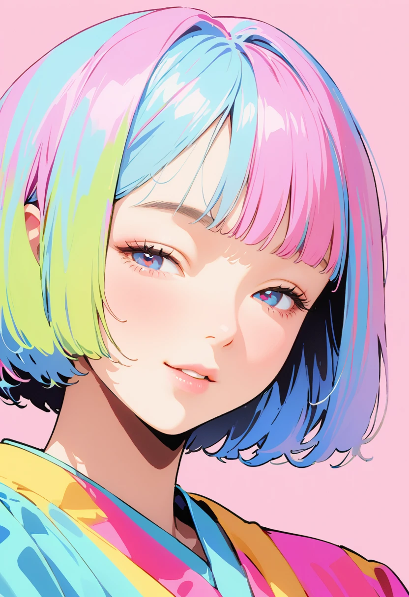 (Highest quality:1.2, City Pop Style, Very detailed, Latest, Vibrant, High Contrast, masterpiece:1.2, Highest quality, Best aesthetics), girl, ((Face Up Shot:1.4)), Colorful Hair, Bobcut, pastel colour, 1980s style, ((Retro, Vintage, Plain background))