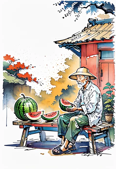 cartoon chinese style,an old man wearing a straw hat sits under a thatched hut eating watermelon,and next to an orange cat sits ...