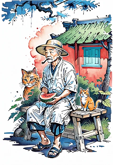 cartoon chinese style,an old man wearing a straw hat sits under a thatched hut eating watermelon,and next to an orange cat sits ...