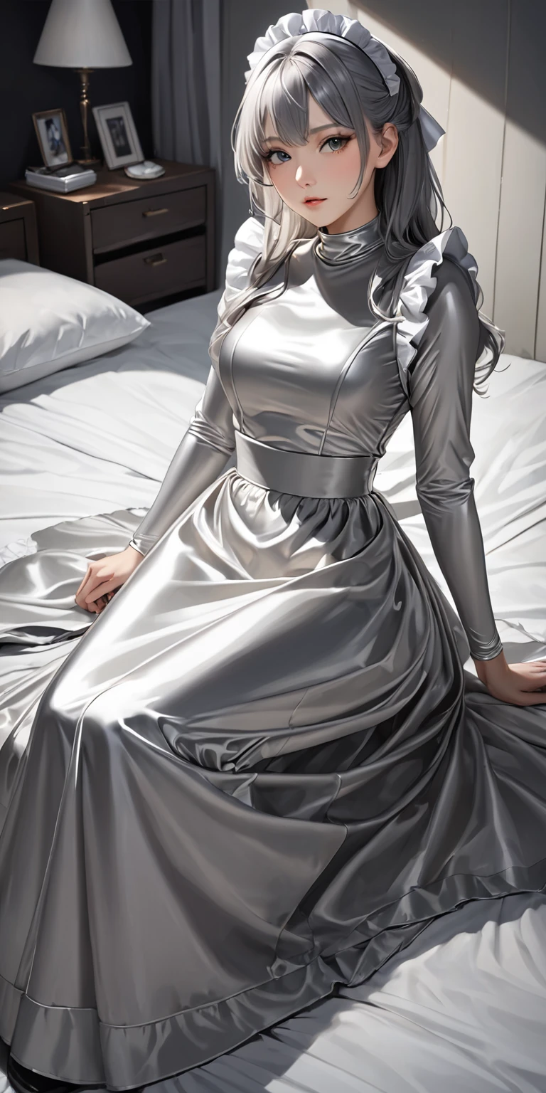 Portraiture、(masterpiece,Highest quality,Ultra-high resolution),Japanese women, (((Very beautiful 25 year old girl)))、(She is wearing a shiny light silver satin long sleeve maid outfit..)、The dress has a simple design without any patterns...、(((A long skirt made of pale silver satin.)))、Pale silver satin gloves、((Pale silver satin bodysuit))、Sitting on a bed in a dark room