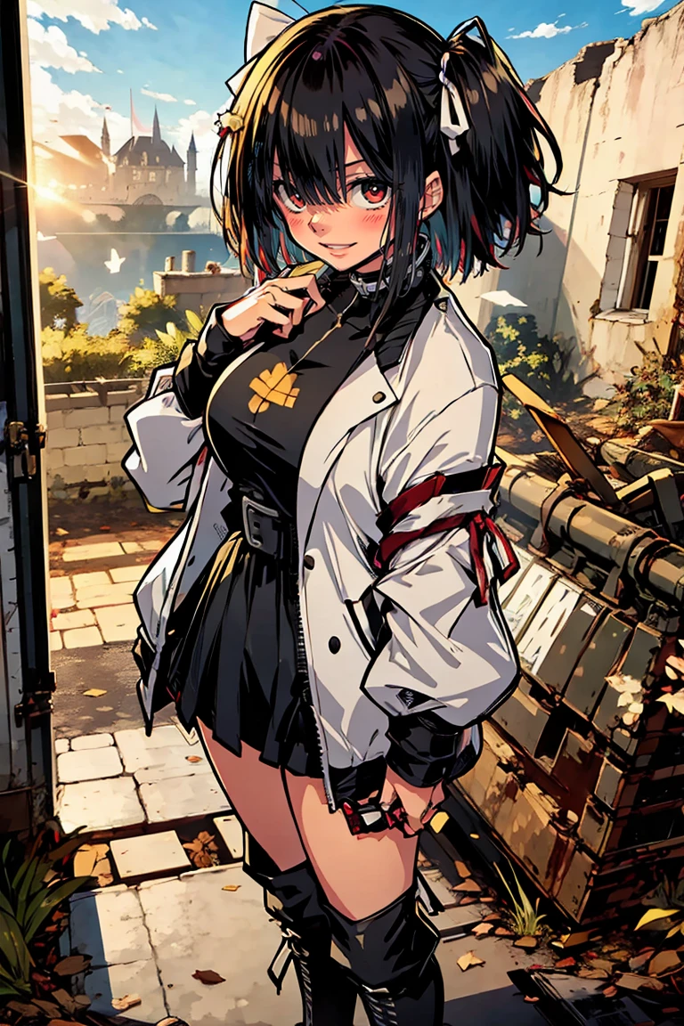 (masterpiece:1.2), (high quality:1.2), hasuichi nishizono, girls with((1girl, solo, black hair, (medium hair, right swept bangs, one side up:1.55), bare shoulder, blush, breasts, cowboy shot, neck ribbon, hand cuffs, long sleeves, maid clothes, thigh straps, full body, black shoes, boots, standing)), background with((fantasy world, ruin, castle, beautiful sky, shining sky, sunshine:1.35))