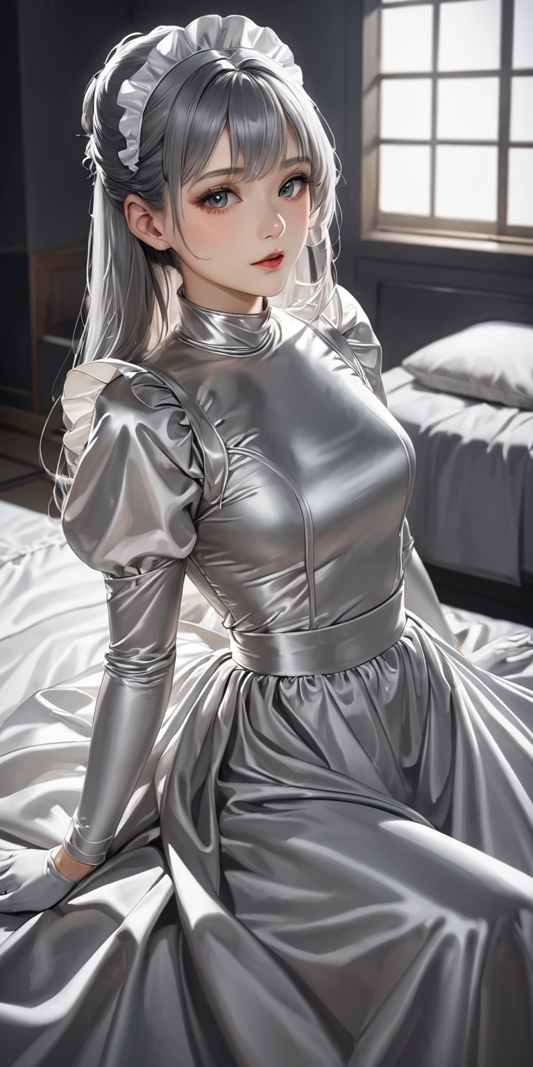 Portraiture、(masterpiece,Highest quality,Ultra-high resolution),Japanese women, (((Very beautiful 25 year old girl)))、(She is wearing a shiny light silver satin long sleeve maid outfit..)、The dress has a simple design without any patterns...、(((A long skirt made of pale silver satin.)))、Pale silver satin gloves、((Pale silver satin bodysuit))、Sitting on a bed in a dark room