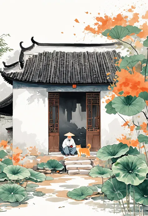 cartoon chinese style,an old man wearing a straw hat sits under a thatched hut eating watermelon,and next to an orange cat sits ...