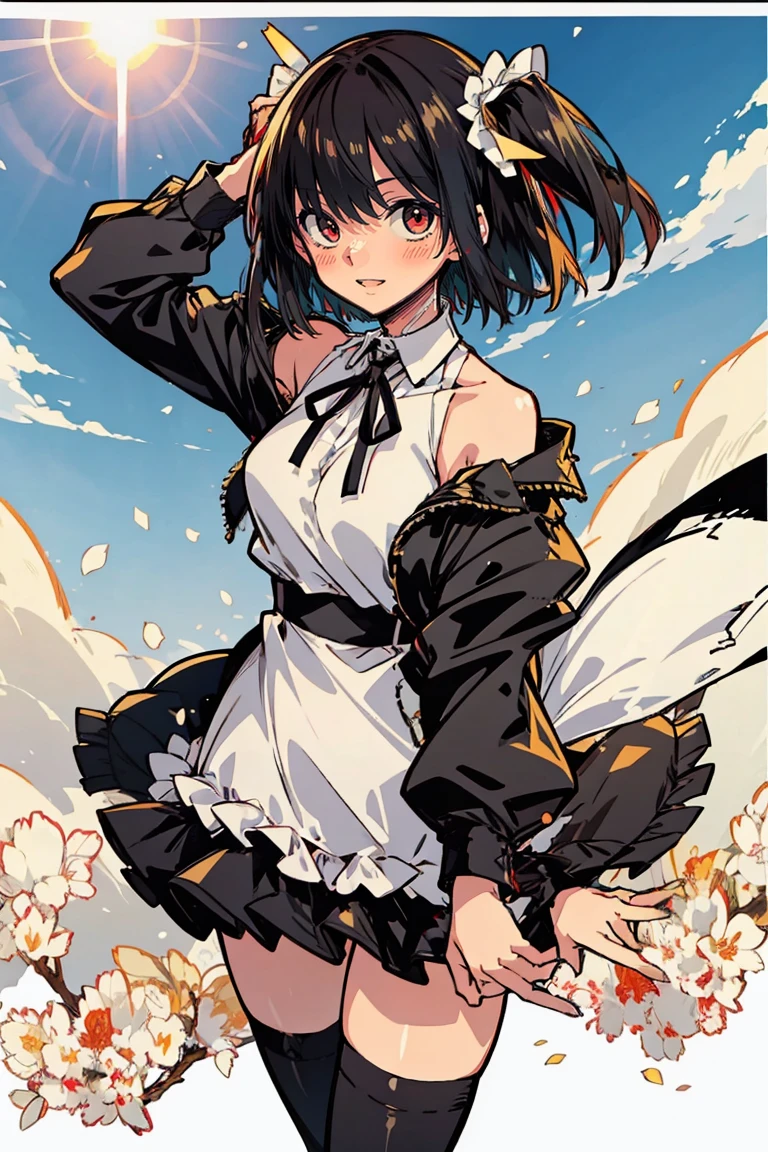 (masterpiece:1.2), (high quality:1.2), hasuichi nishizono, girls with((1girl, solo, black hair, (medium hair, right swept bangs, one side up:1.55), bare shoulder, blush, breasts, cowboy shot, neck ribbon, hand cuffs, long sleeves, maid clothes, thigh straps, full body, black shoes, boots, standing)), background with((fantasy world, ruin, castle, beautiful sky, shining sky, sunshine:1.35))