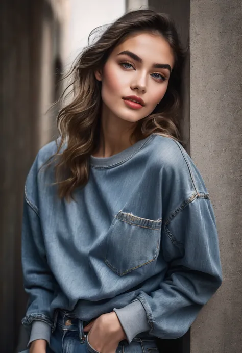 young woman,denim pants,sweatshirt, 20yrs old, detailed face, beautiful detailed eyes, beautiful detailed lips, high fashion, el...