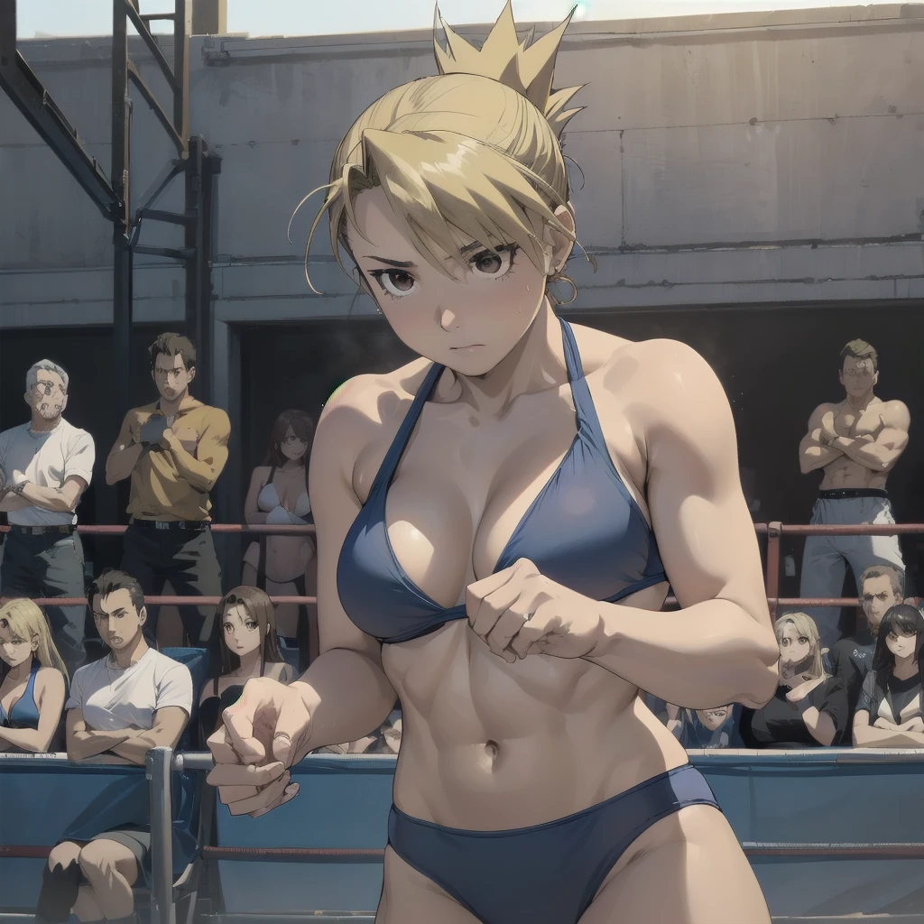 masterpiece, Highest quality, High resolution, One Girl, Hamriz, ponytail, Brown eyes,big , マイクロbikini、Cowboy Shot、Muscular body、blush、Sweat、Composition from the front、anime、(((Light blue bikini、Stand in front、audience、Shaking breasts、前かがみ、手は膝の上、 fully exposed、Facing forward)))、((Wrestling Arena)), (Female wrestler), (Slender body, 発Sweat, tired), Mature Woman, Mature Woman, (bikini, Very detailed wrestling equipment)